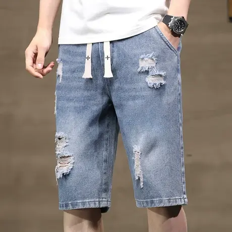 夏季痞帅破洞马裤子潮牌牛仔破烂短裤男士薄款休闲五分夏装中裤衩商品大图