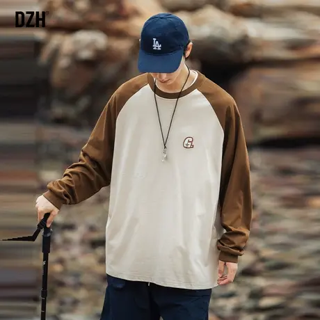男士港风圆领t恤男长袖纯棉宽松拼接卫衣无帽男装2023新款体恤衫图片