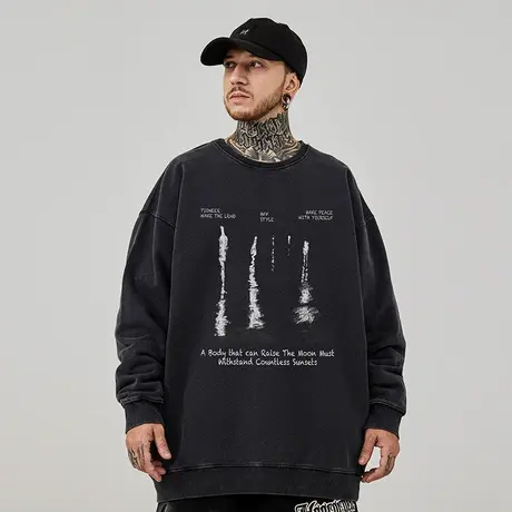 美式复古嘻哈加大码圆领卫衣男装ins纯棉重磅水洗做旧高街春秋季商品大图