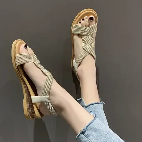 夏季凉鞋女2024年新款百搭防滑软底水钻坡跟鞋时尚舒适休闲罗马鞋商品大图