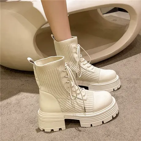 厚底马丁靴女2024年新款春秋弹力袜瘦瘦靴英伦风小个子高跟短靴子图片