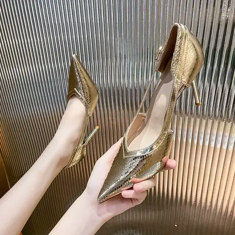 设计感小众金色高跟鞋女细跟2024年夏季新款时尚百搭尖头镂空单鞋图片