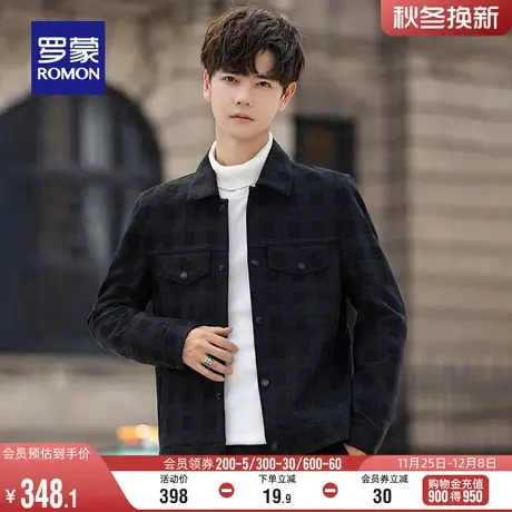 罗蒙男士时尚休闲翻领短款夹克衫2024春季新款百搭简约棋盘格外套商品大图