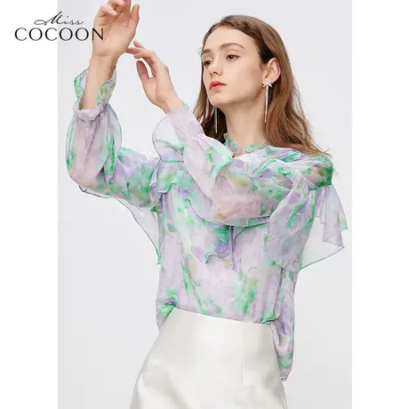 missCOCOON法式印花雪纺衫女2023新款春季荷叶边设计时尚洋气上衣商品大图