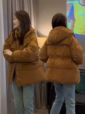 抽绳收腰连帽面包羽绒服女欧洲站冬装2023新款欧货女装白鸭绒外套图片