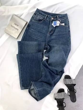 水洗做旧基础牛仔裤腿裤2023冬季新款显瘦百搭高腰宽松软糯直筒裤商品大图