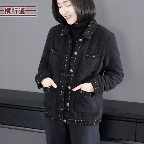 2024春季新款韩版翻领小香风拼接加绒长袖外套女上衣大码保暖外穿商品大图