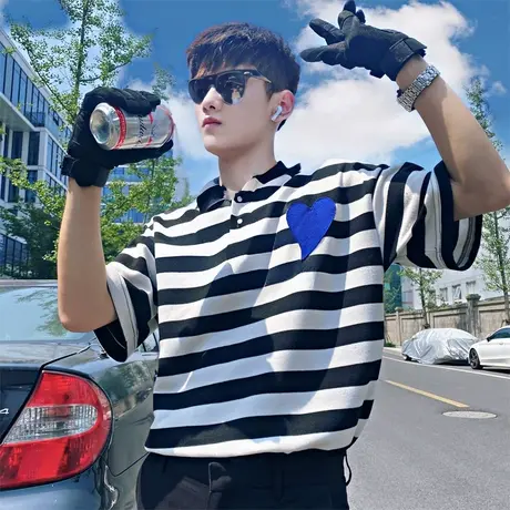 夏季男士t恤短袖宽松条纹POLO衫半袖潮流潮牌翻领学生个性ins体恤商品大图