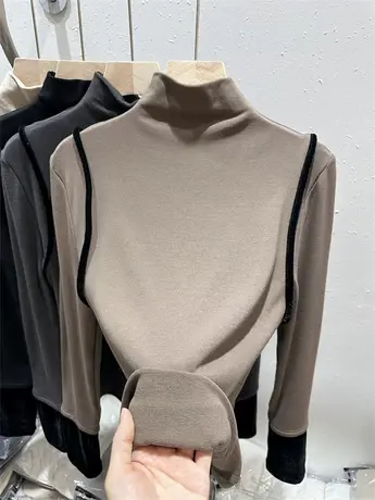 欧货撞色拼接半高领打底衫女秋冬2024新款修身内搭加绒柔软上衣女图片