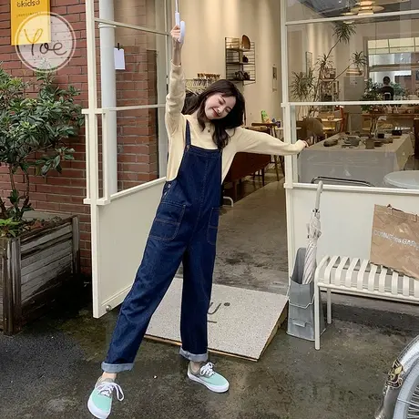 yoe牛仔背带裤女宽松蓝色流行韩版ins女装减龄裤子直筒阔腿裤原色图片