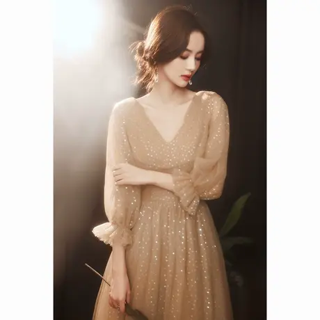 高端宴会晚礼服女2023新款名媛蓬蓬裙大气优雅年会主持人长袖v领图片