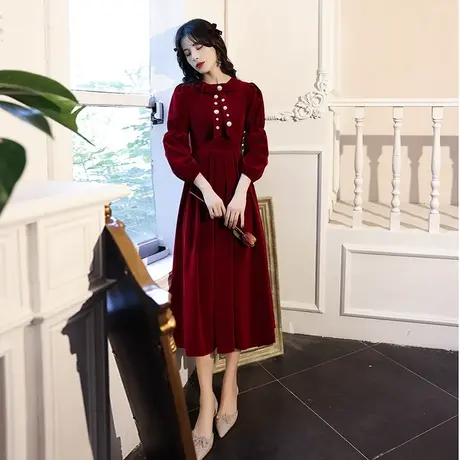 长袖敬酒服新娘2023新款秋冬季结婚订婚礼服女丝绒平时可穿小个子商品大图