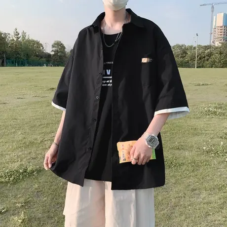 夏季薄款透气短袖衬衫男2023新款潮流假两件半袖港风休闲衬衣外套商品大图