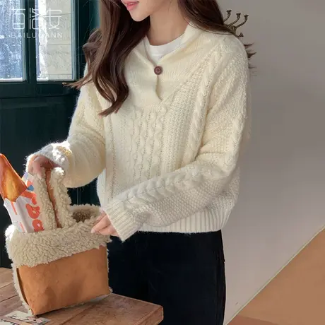 百洛安复古软糯绞花毛衣女春新款小众别致上衣宽松百搭长袖针织衫图片