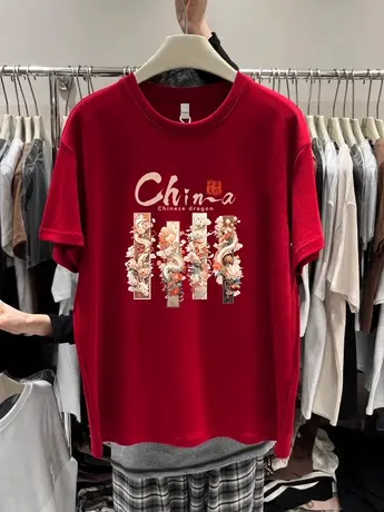 2024新款春夏季纯棉T恤女龙年本命年大码短袖ins潮复古慵懒风上衣图片