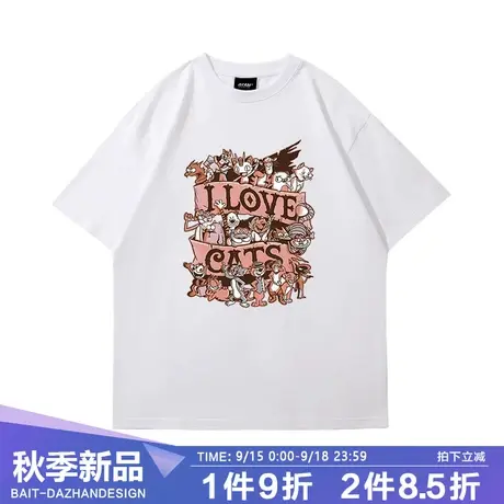 美式复古卡通猫印花T恤嘻哈街头百搭宽松休闲ins国潮纯棉短袖夏商品大图