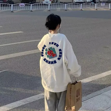 落肩卫衣女oversize春秋宽松圆领小众设计感美式复古ins超火上衣图片