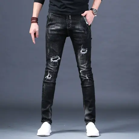 男士破洞补丁秋款牛仔裤男潮牌2023新款修身小脚裤子休闲弹力百搭图片