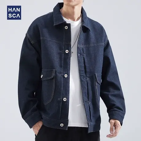 hansca秋季新款夹克外套男宽松复古纯色休闲运动水洗大码牛仔上衣商品大图