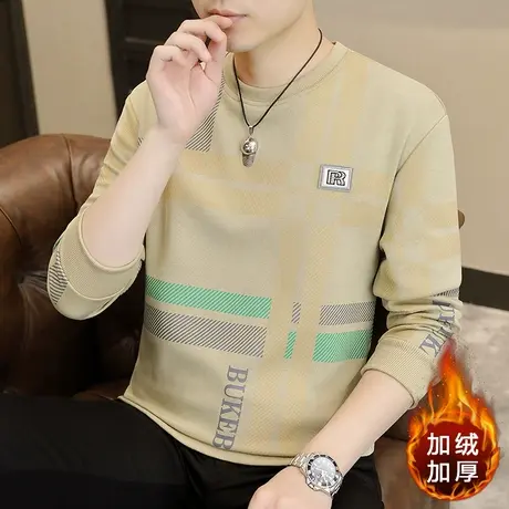 2023冬季新款男士加绒加厚长袖t恤保暖卫衣打底衫加肥加大码男装商品大图