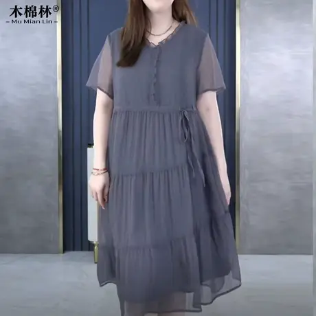 胖mm大码女时尚气质v领木耳边系带中长款连衣裙收腰显瘦短袖裙子商品大图