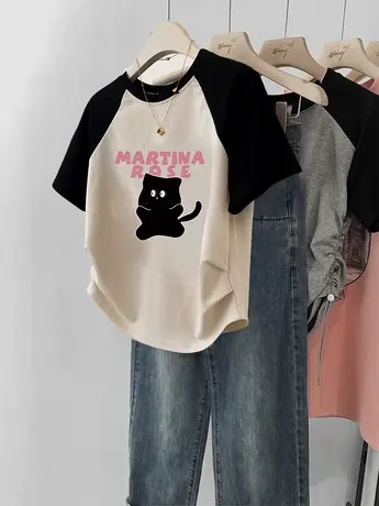 短款修身设计感T恤女2024夏季新款大码撞色插肩袖短袖ins别致上衣商品大图