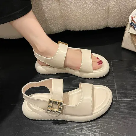 坡跟凉鞋女外穿夏季2024年新款镂空水钻时尚一字带厚底增高罗马鞋商品大图