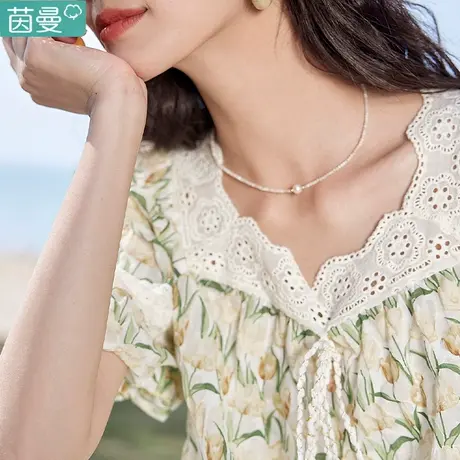 茵曼官方旗舰店碎花短袖衬衣2024夏季新款方领女温柔系凡尔赛上衣图片