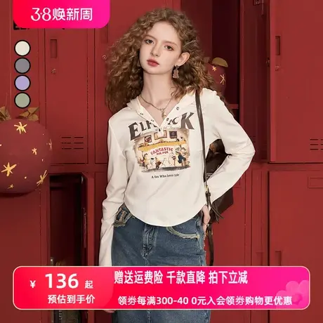 妖精的口袋连帽印花短款t恤女2023秋季新款美式复古bm风辣妹上衣图片