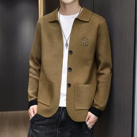 2023春秋新款针织开衫男士翻领刺绣毛衣外套潮流羊毛上衣服男外穿商品大图