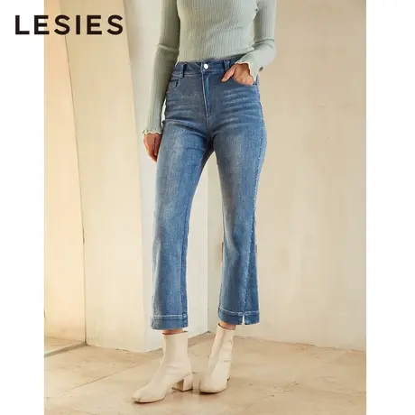 蓝色倾情春 蓝色钉珠装饰开叉设计修身直筒水洗牛仔裤商品大图