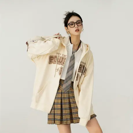 YEP美式复古连帽外套女2023新款春秋宽松学院风拉链开衫卫衣ins潮商品大图