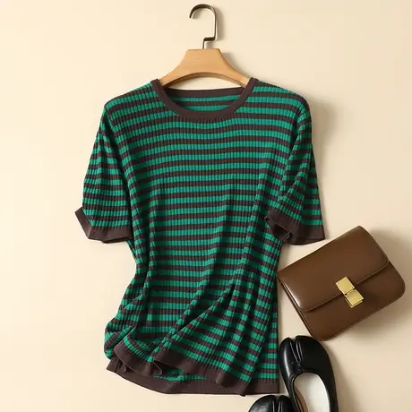 冰丝针织衫短袖t恤女2023年夏季新款圆领宽松显瘦薄款打底衫上衣商品大图