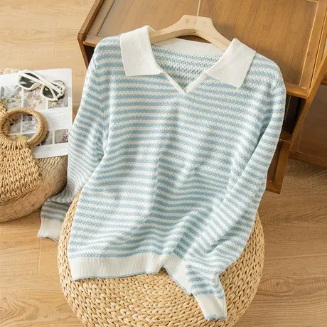 享永子翻领条纹套头针织衫女春秋文艺复古羊毛上衣女宽松2023新款图片