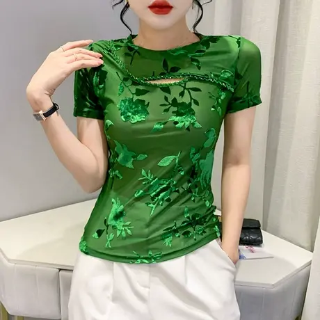 复古性感网纱短袖T恤女心机镂空小衫洋气植绒印花上衣设计感丅恤商品大图