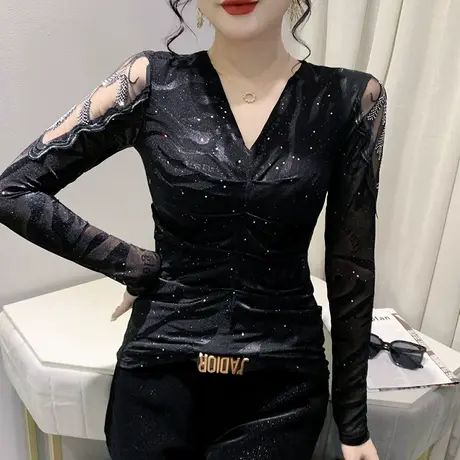 性感V领网纱打底衫女内搭设计感小众褶皱上衣气质烫钻T恤长袖春秋商品大图