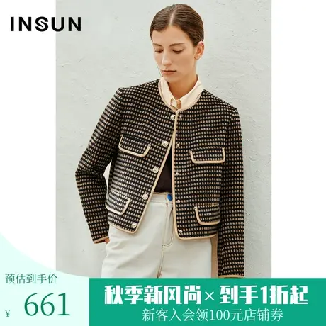 恩裳2023春款新款时尚短款小香风复古圆领单排扣羊毛外套商品大图