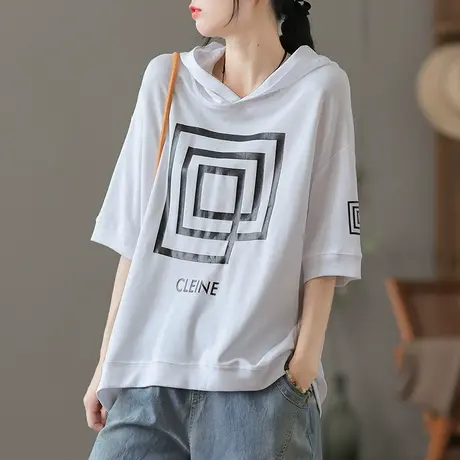 dza复古连帽短袖t恤女士2023夏薄款带帽半袖宽松体恤短款打底上衣商品大图