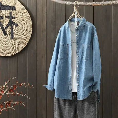 枫谜秋季新款复古简约口袋全棉长袖牛仔衬衫宽松衬衣外套图片