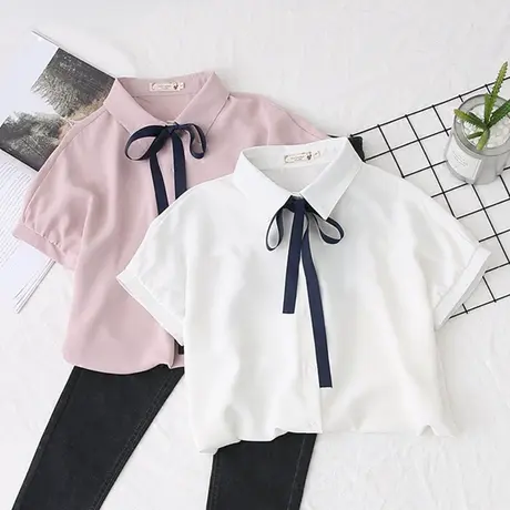 夏装新款韩版文艺时尚宽松显瘦雪纺短袖衬衫白色软妹半袖衬衣女图片