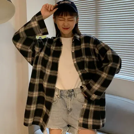 格子衬衫女2021春秋新款复古港味设计感小众轻熟洋气法式长袖上衣图片