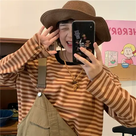 红续2023秋装新款韩版条纹长袖T恤女上衣宽松oversize复古学院风图片