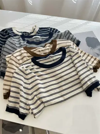 百搭温柔撞色条纹针织短袖t女气质内搭打底衫上衣2023夏季新款潮商品大图