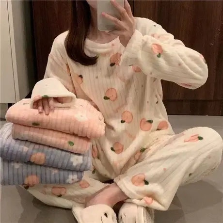 2023秋冬季睡衣女保暖加厚珊瑚绒长款可爱甜美韩版家居服套装女88图片