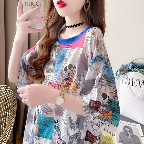 设计感小众短袖t恤女夏季韩版宽松大码女装中长款冰丝防晒衣上衣商品大图