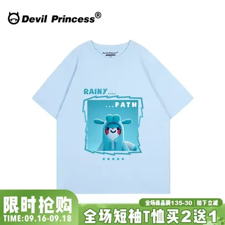 ulzzang小众卡通学院风天蓝色短袖女t恤宽松百搭正肩半袖上衣夏季商品大图