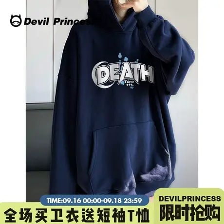 简约风字母印花藏蓝色卫衣女2023早秋新款高街ins潮牌帽衫上衣薄商品大图