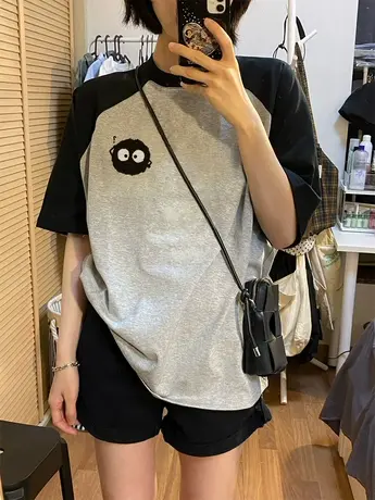 复古港风chic短袖t恤女夏季新款拼色插肩袖宽松设计感小众上衣潮商品大图