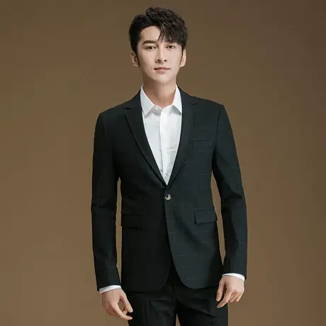 POWO西装套装韩版修身商务职业正装休闲新郎结婚礼服暗格子西服男商品大图