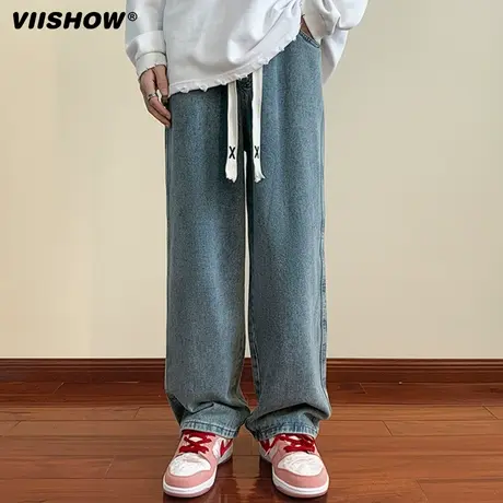 VIISHOW直筒牛仔裤男春秋季宽松休闲裤美式复古水洗抽绳拖地长裤商品大图